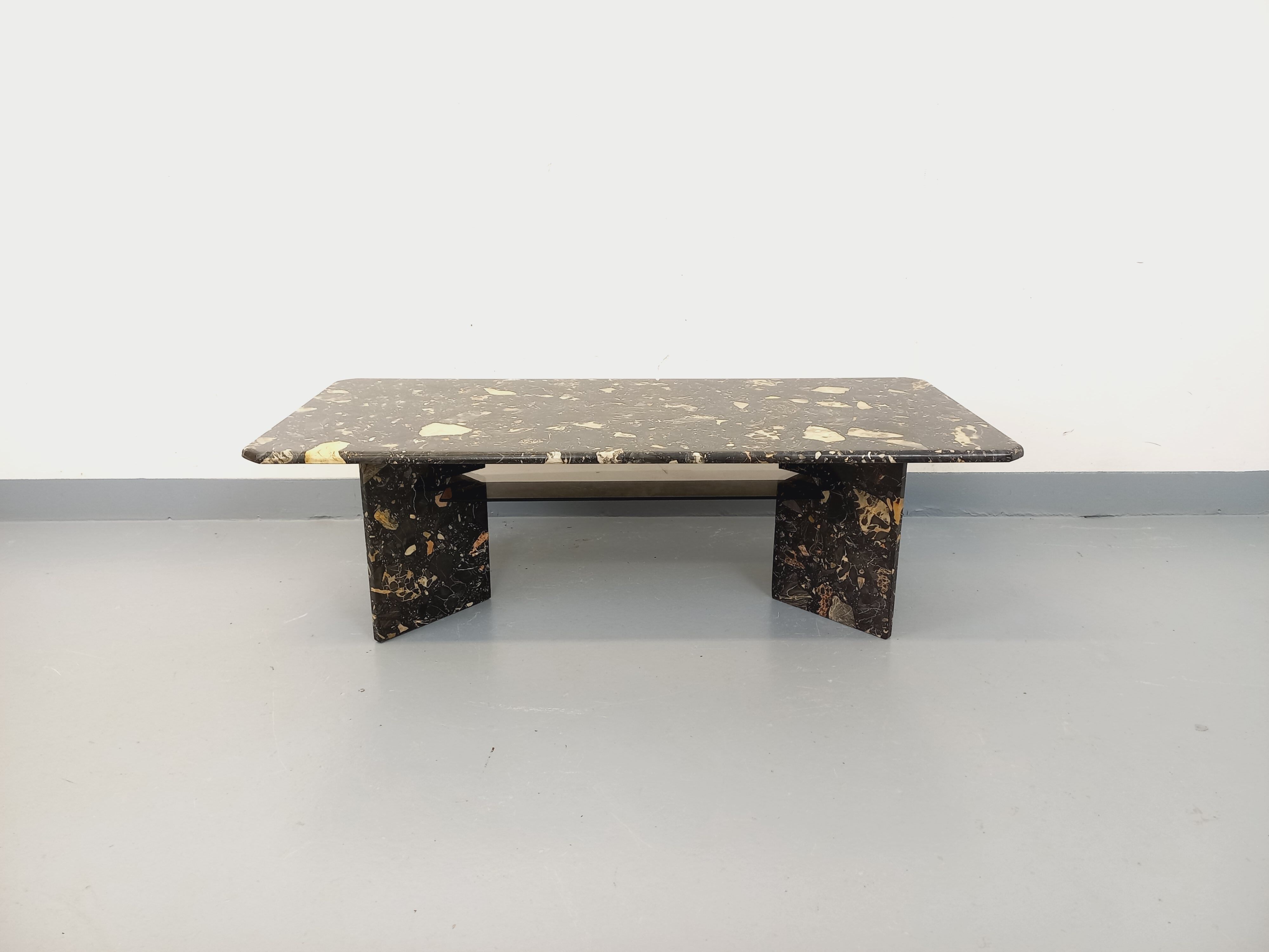 Vintage rectangular coffee table in black marble and smoked glass from the 1970s.