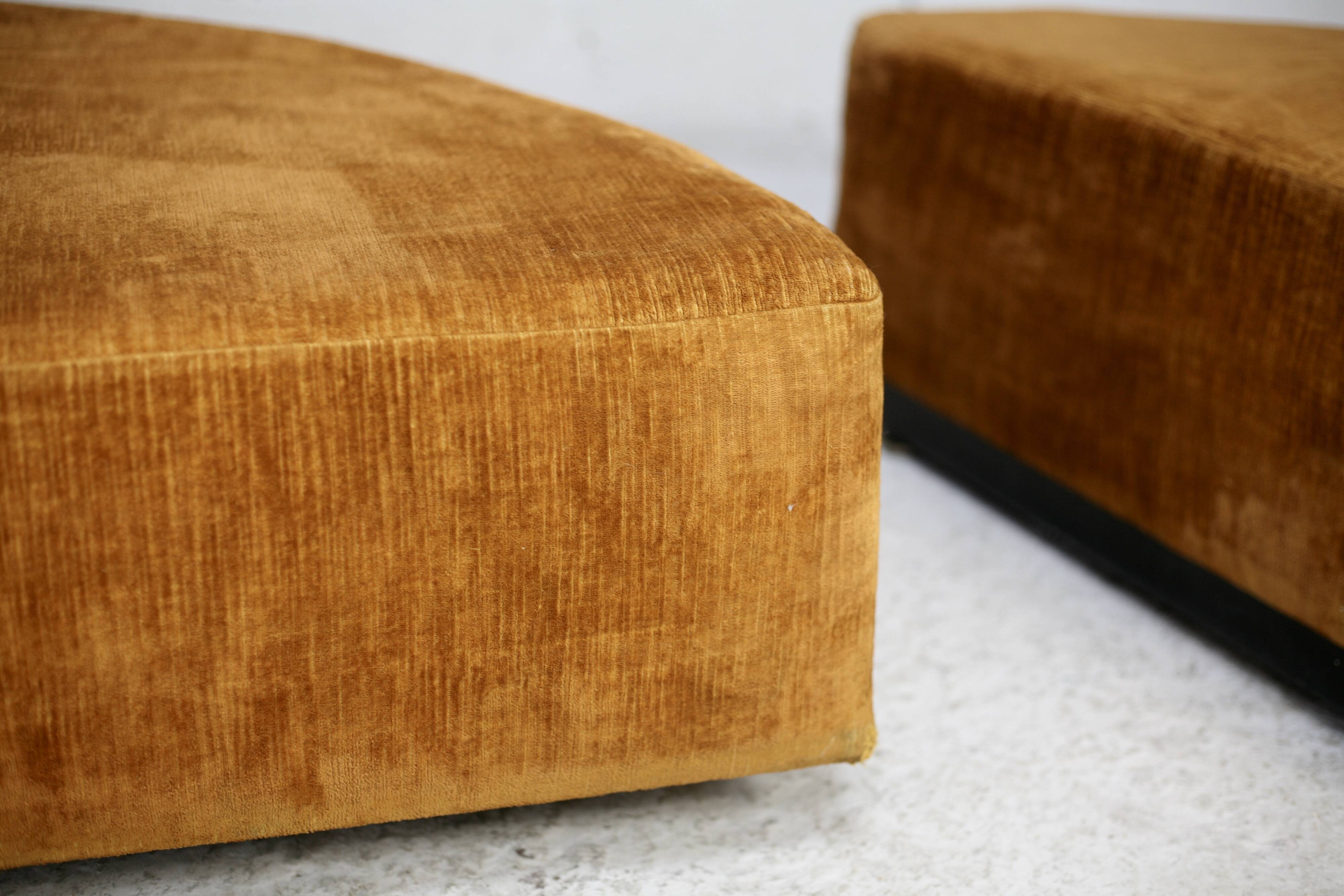 Pair of “tawny” velvet seats. Foam, wood, velvet. Circa 1970