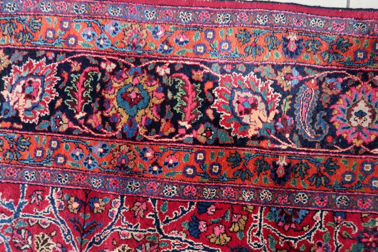 1920s Handmade Antique Wool Floral Rug, Red & Navy, 313 × 396 cm - 1C1303