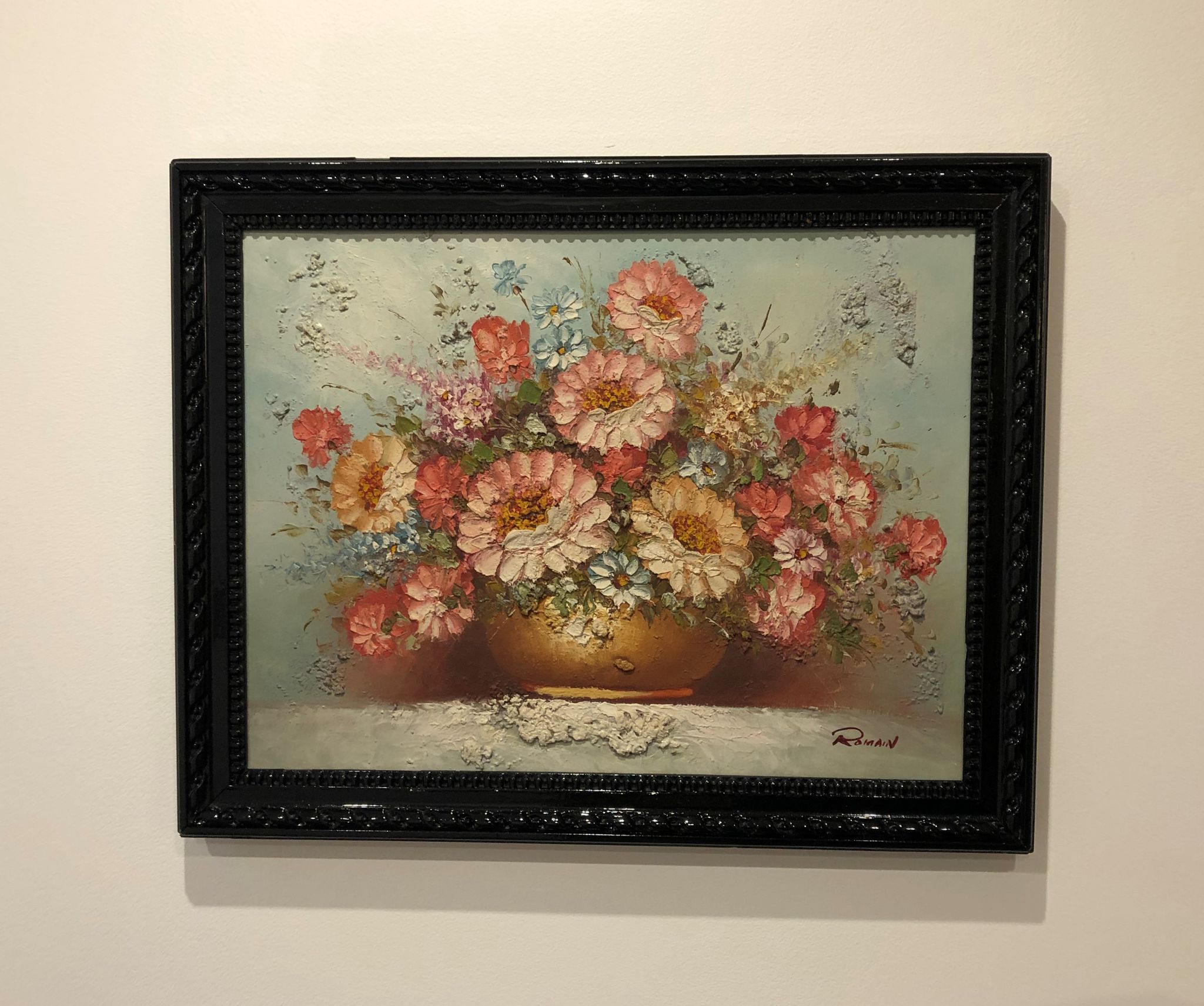 Ancient painting signed romain of a bouquet of flowers in a vase