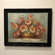 Ancient painting signed romain of a bouquet of flowers in a vase
