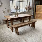 Oak farmhouse table and its two benches