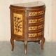 Vintage 1940s demi-lune buffet in burr walnut and satin wood.