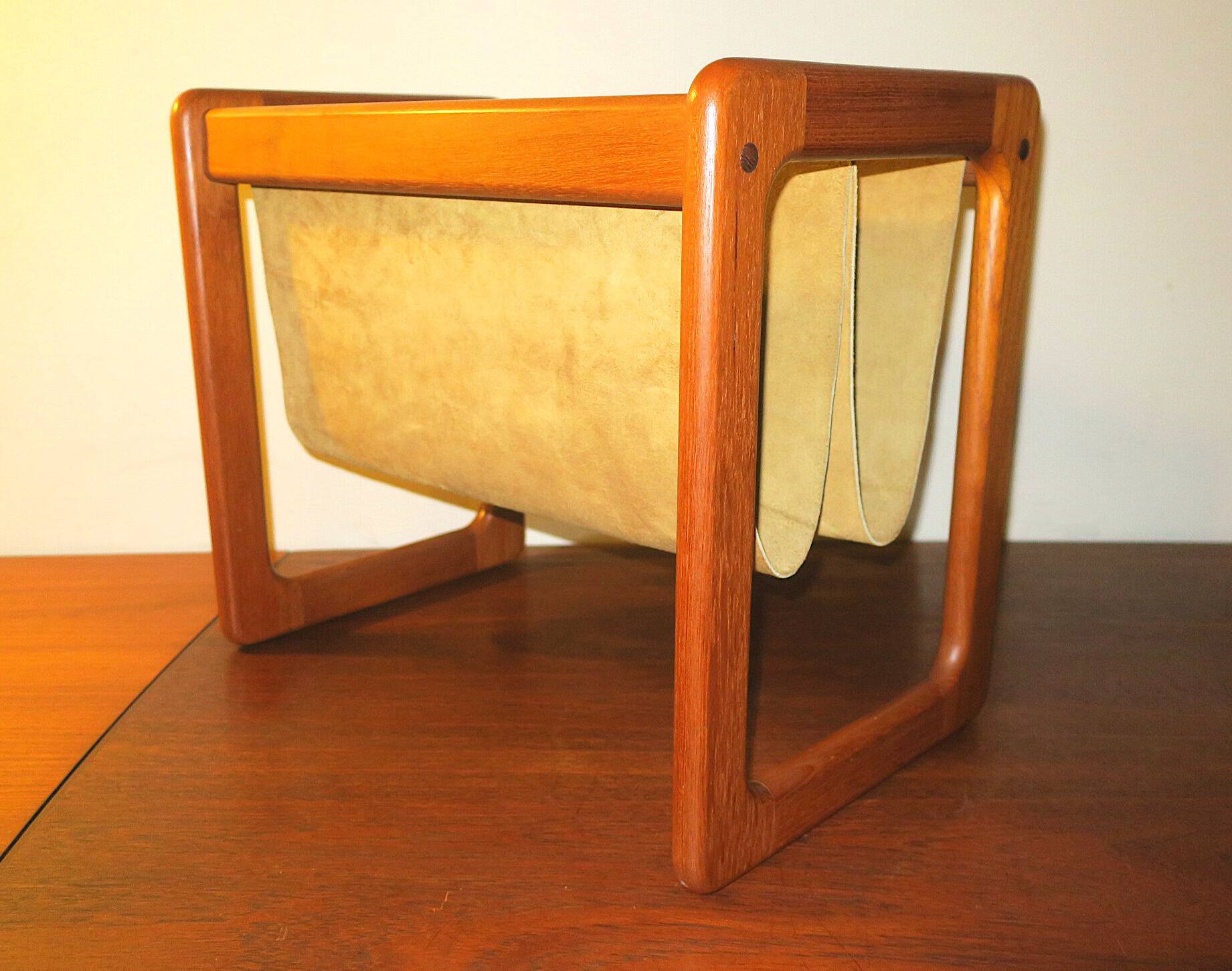 Magazinr rack in teak and suede leather by Aksel Kjersgaard, 1960s