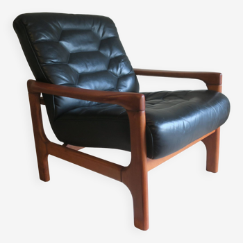 Danish refurbished lounge chair in black leather, 1960-70