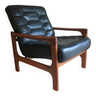 Danish refurbished lounge chair in black leather, 1960-70