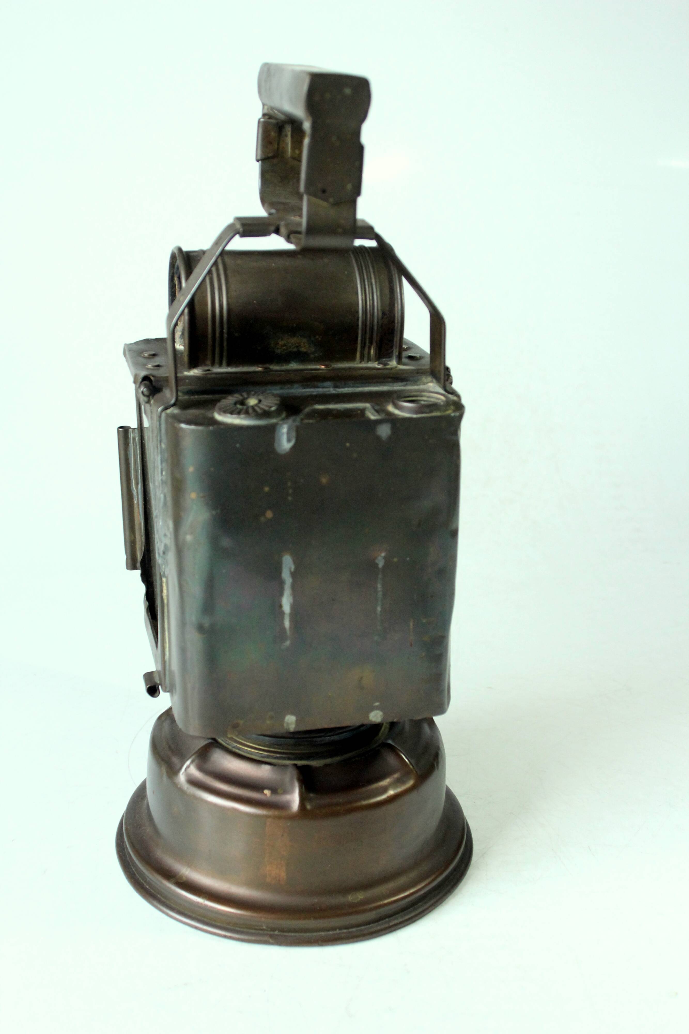 1930s - old carbide lamp, railway signal lamp, made of copper, metal and glass, by A. Butin/Paris