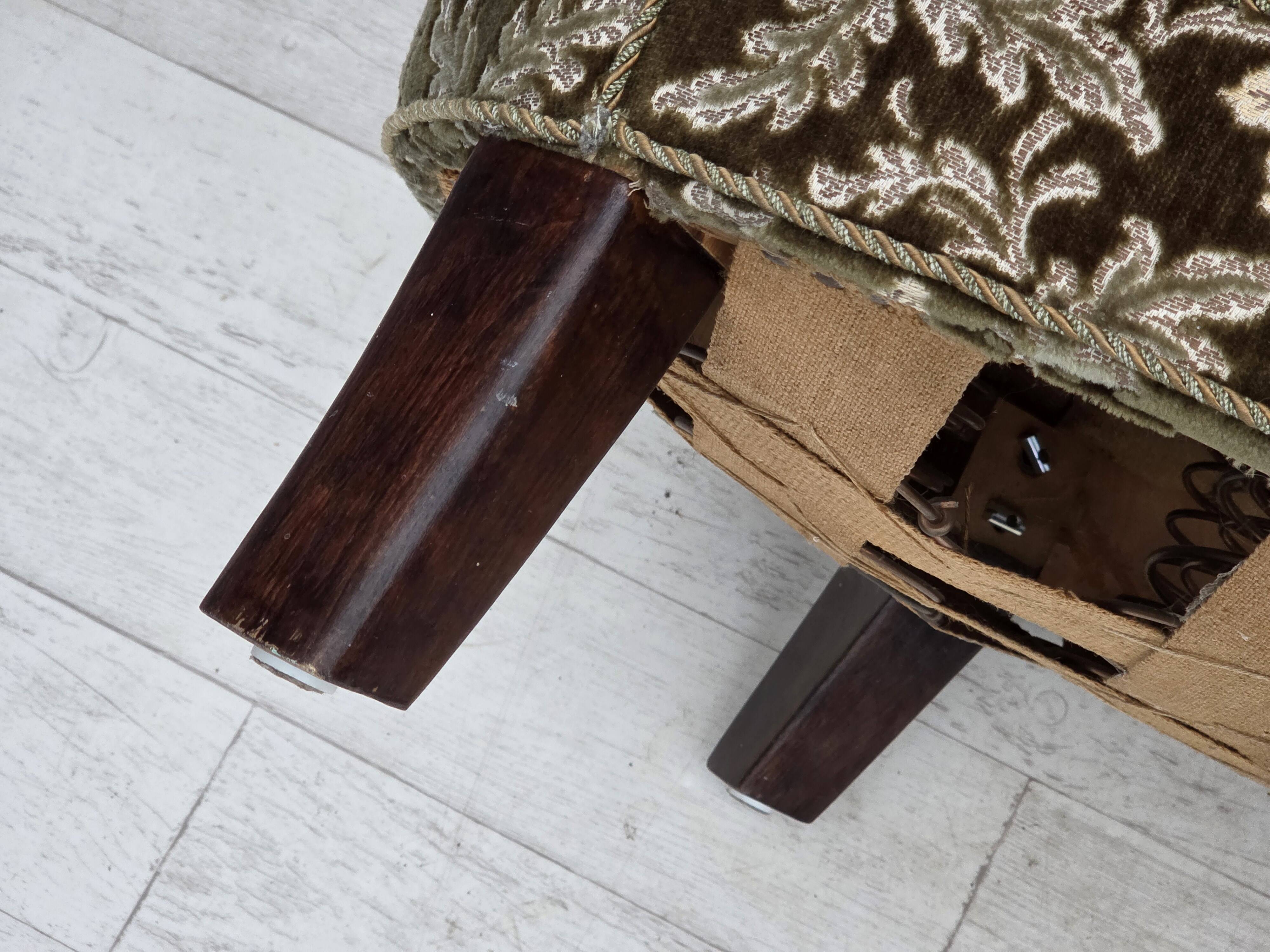 1960s, Danish curved 2-seater sofa, green furniture velour, beech wood.