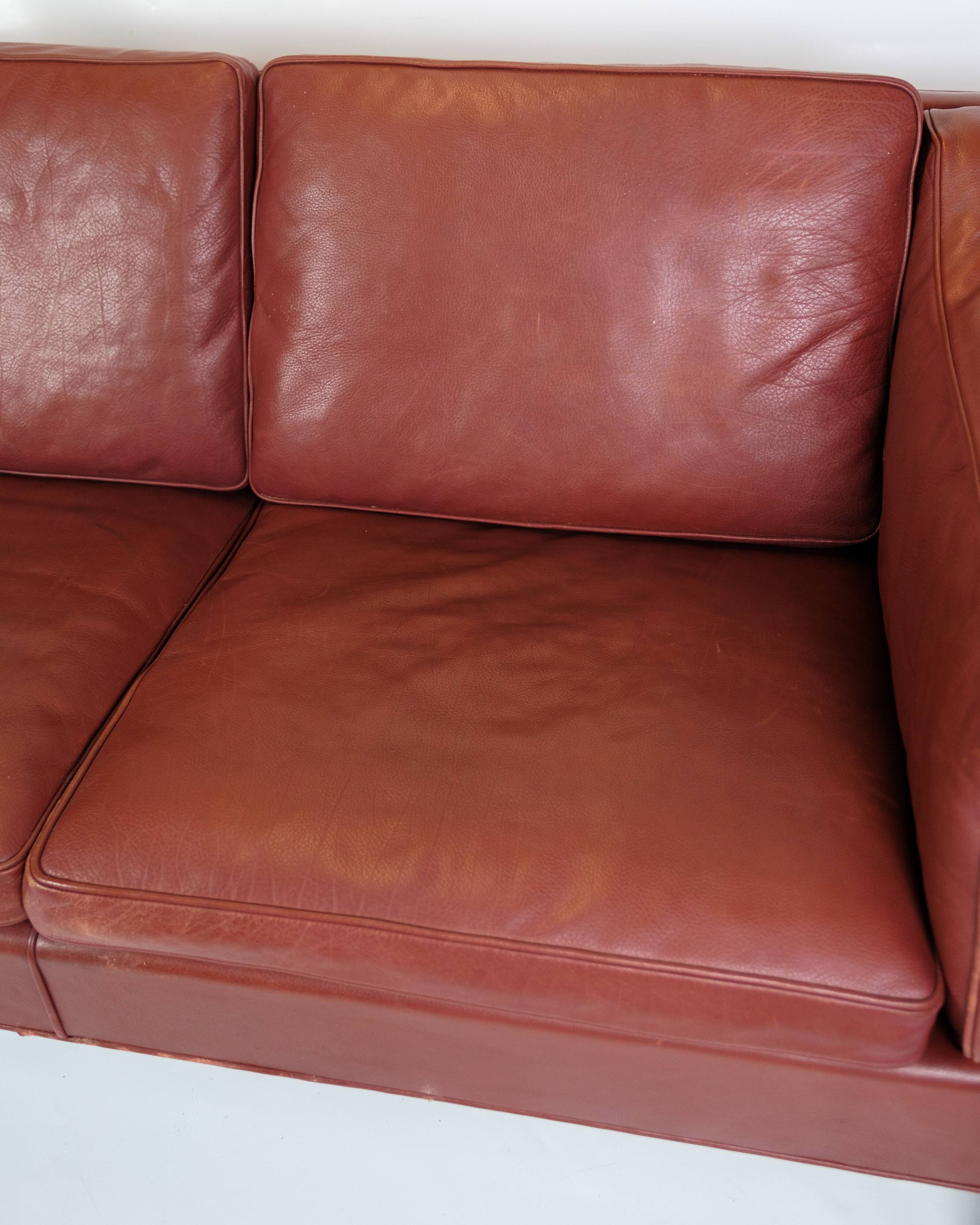 2 . Person Sofa Model 2212 Made In Red Leather & Oak Frame By Børge Mogensen From 1960s