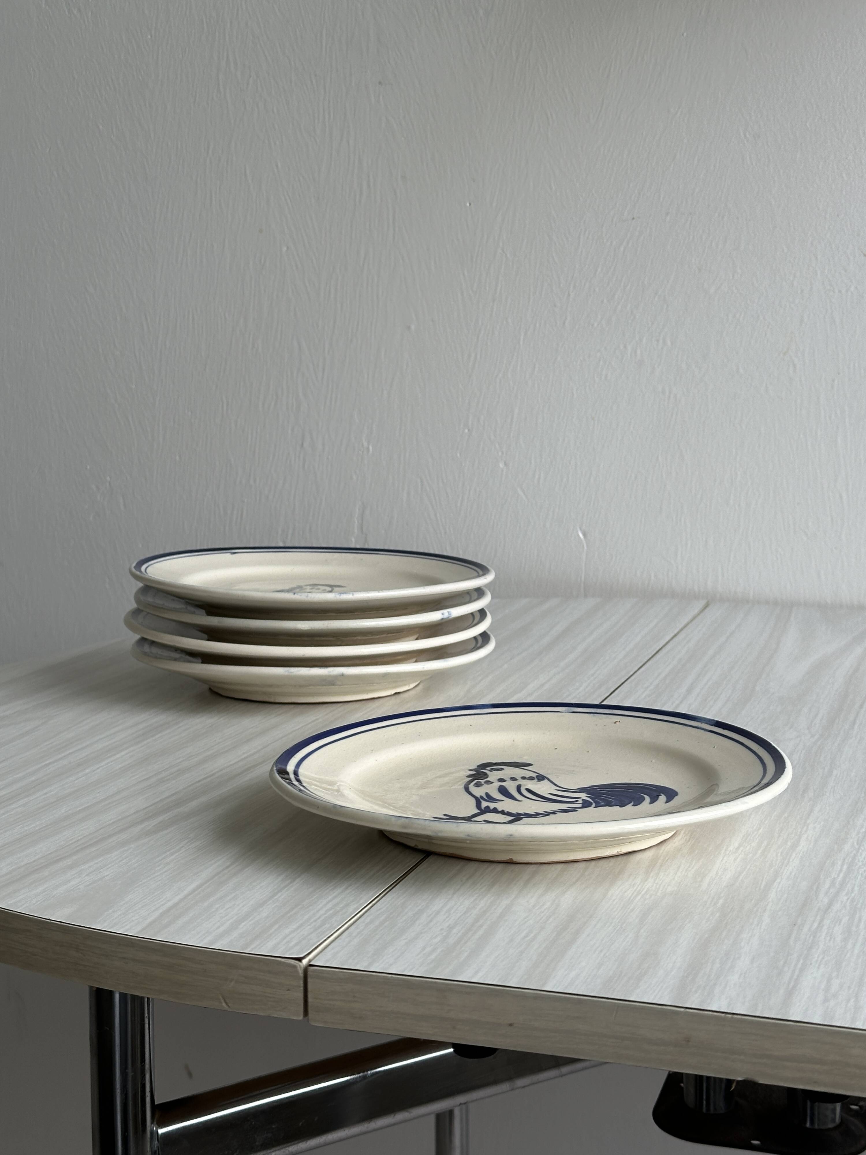 Set of 6 hand painted plates with rooster motif