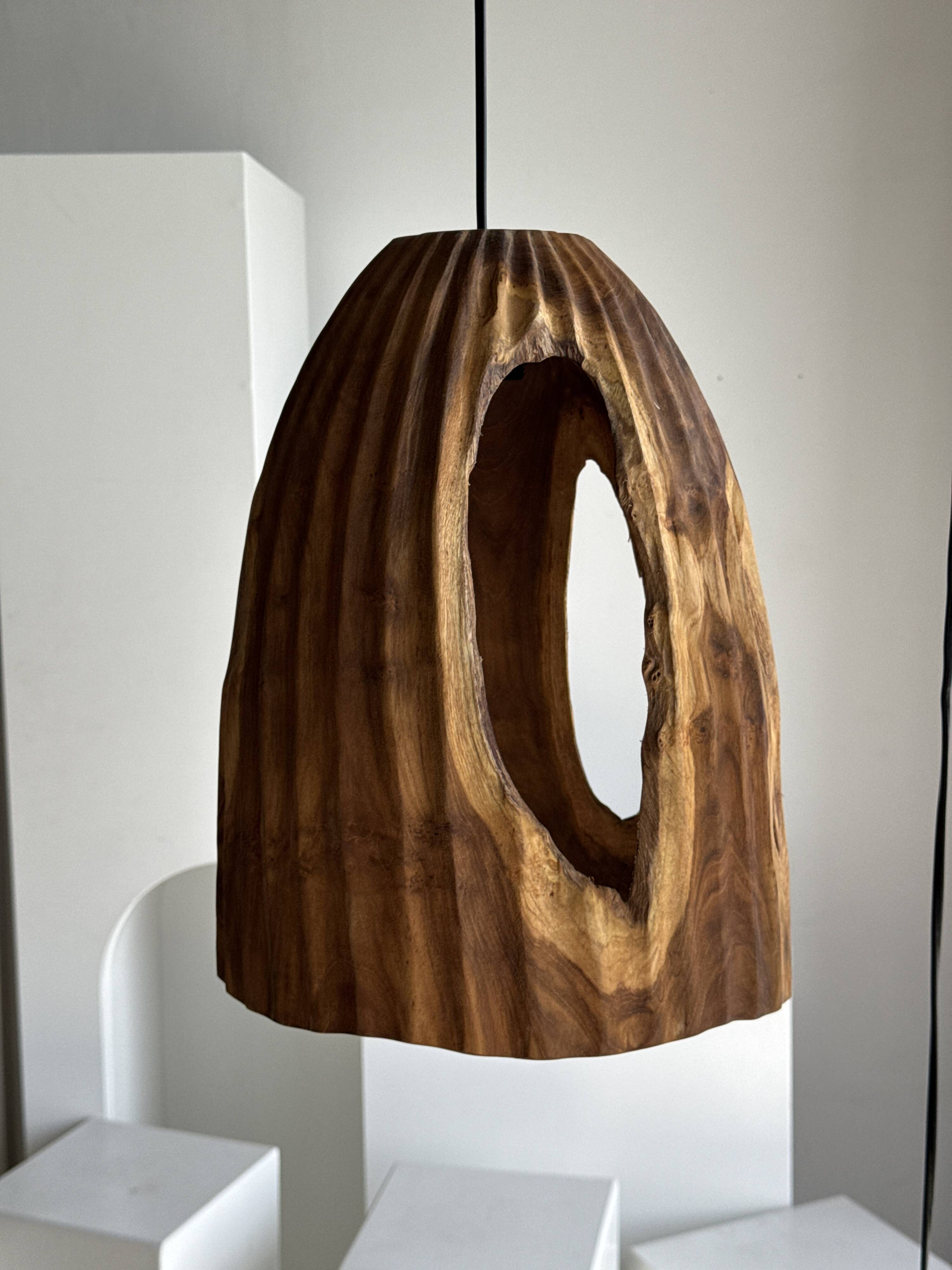 Large suspension or lampshade in organic natural teak, tubular H40 D30.