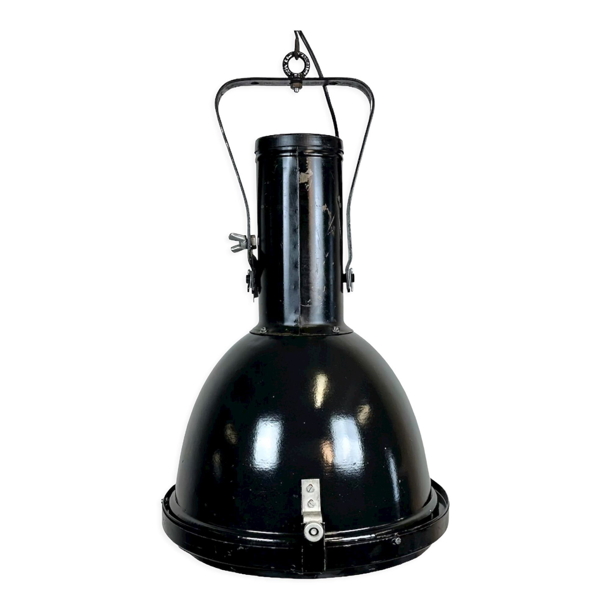 Industrial Black Enamel Factory Spotlight with Convex Glass Cover, 1960s