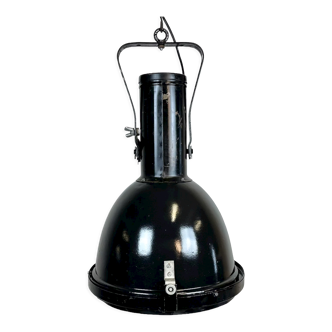 Industrial Black Enamel Factory Spotlight with Convex Glass Cover, 1960s