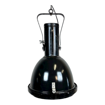 Suspension industrielle d’usine d’émail noir avec couvercle en verre convexe, années 1960