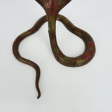 Pair of old bronze cobra candle holders with detailed engraving. Around 1950