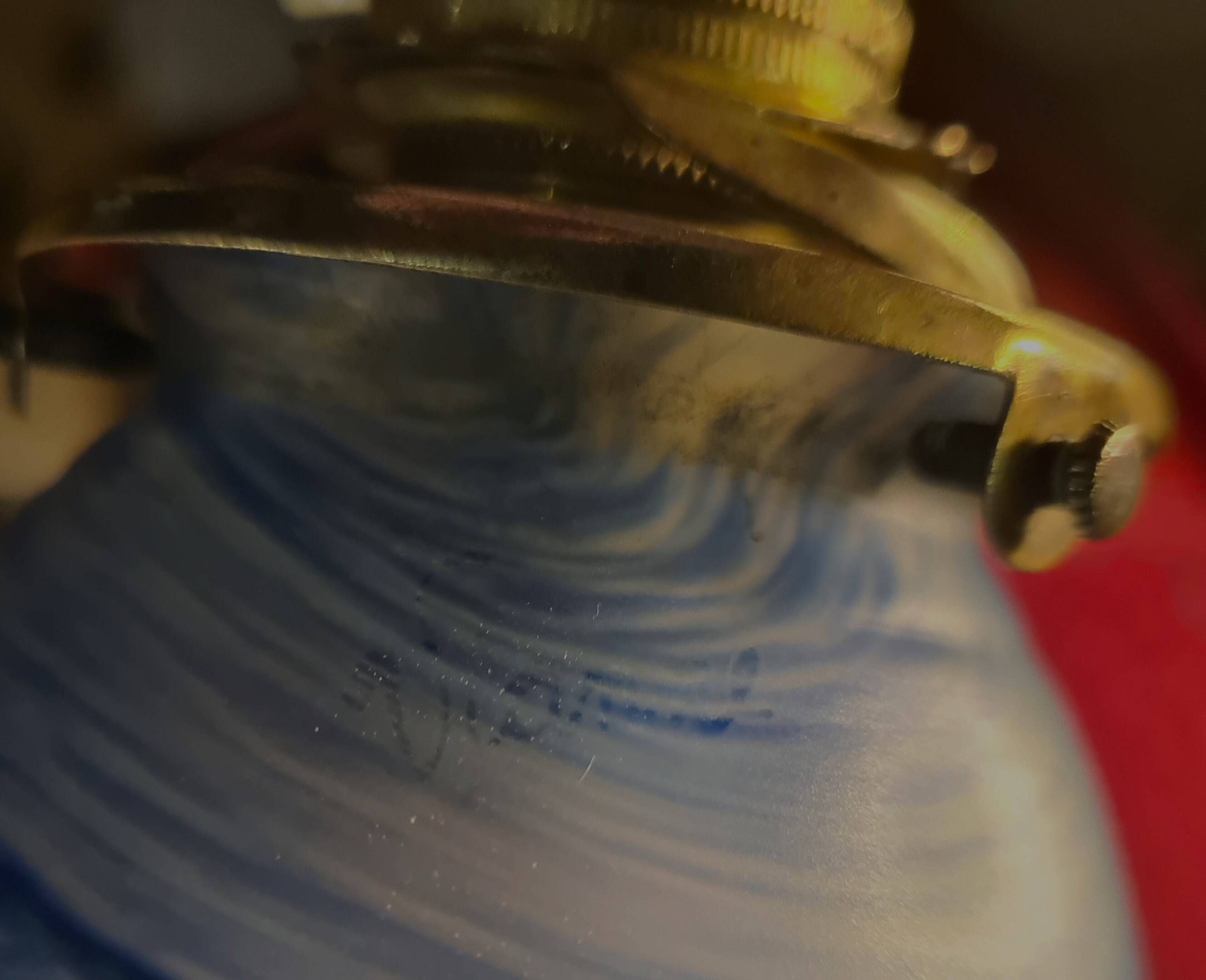etched brass lamp with a blue satin glass tulip shade, signed Vianne 36x16