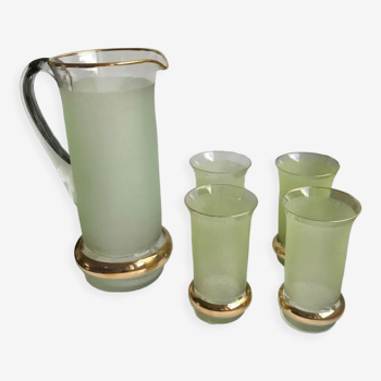 Ensemble granité vert composé d'un pichet et de 4 verres à orangeade années 50