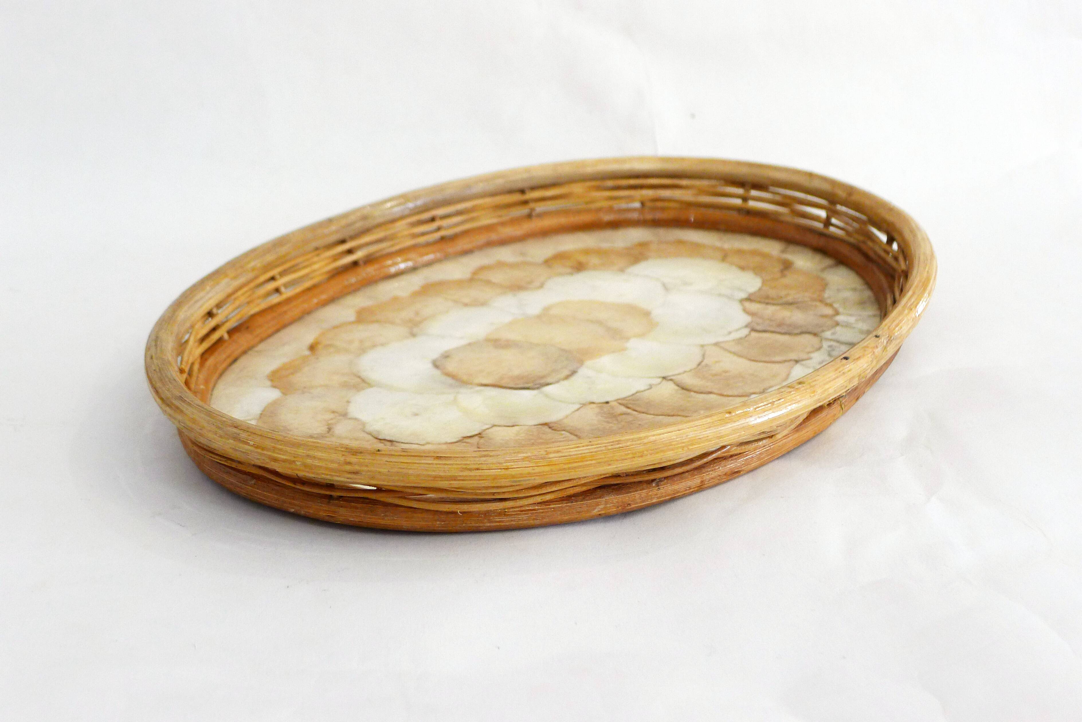Mother-of-pearl and rattan tray