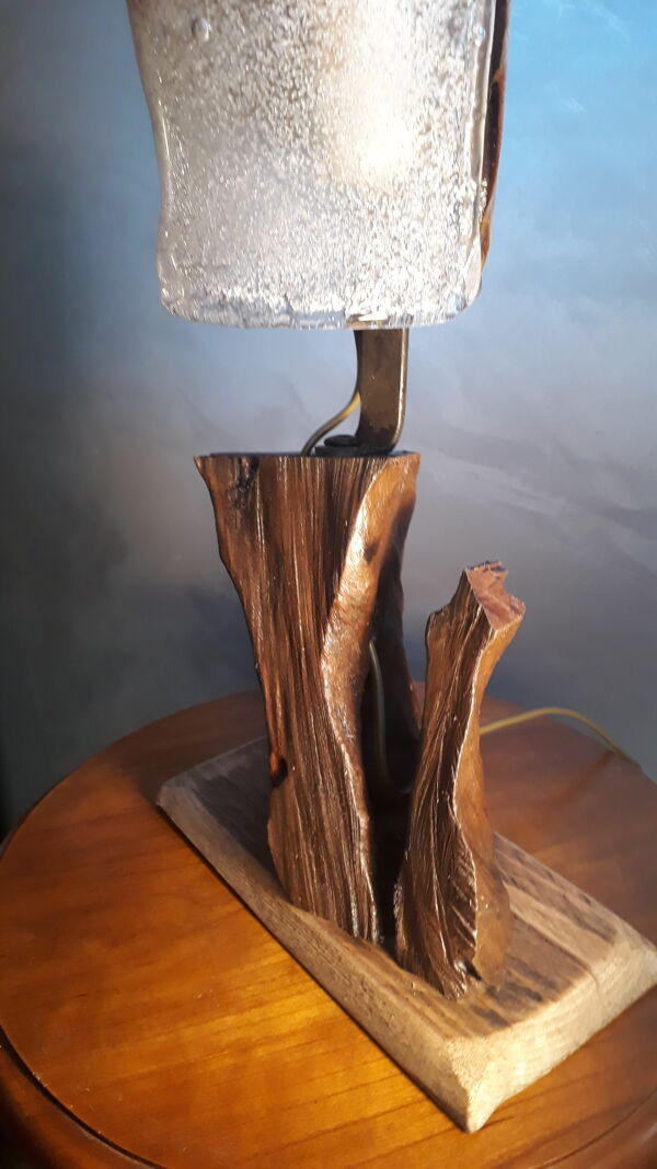 Lampe verre Murano Italie 1970  pied  racine bois exotique