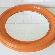 Orange vintage round wall plastic mirror 1980s, space age vanity mirror