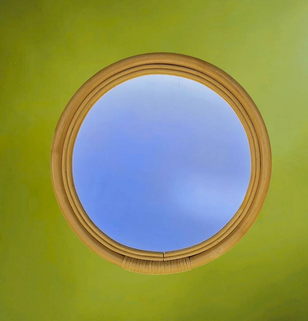 Vintage round bamboo rattan mirror 70s bohemian wall-mounted