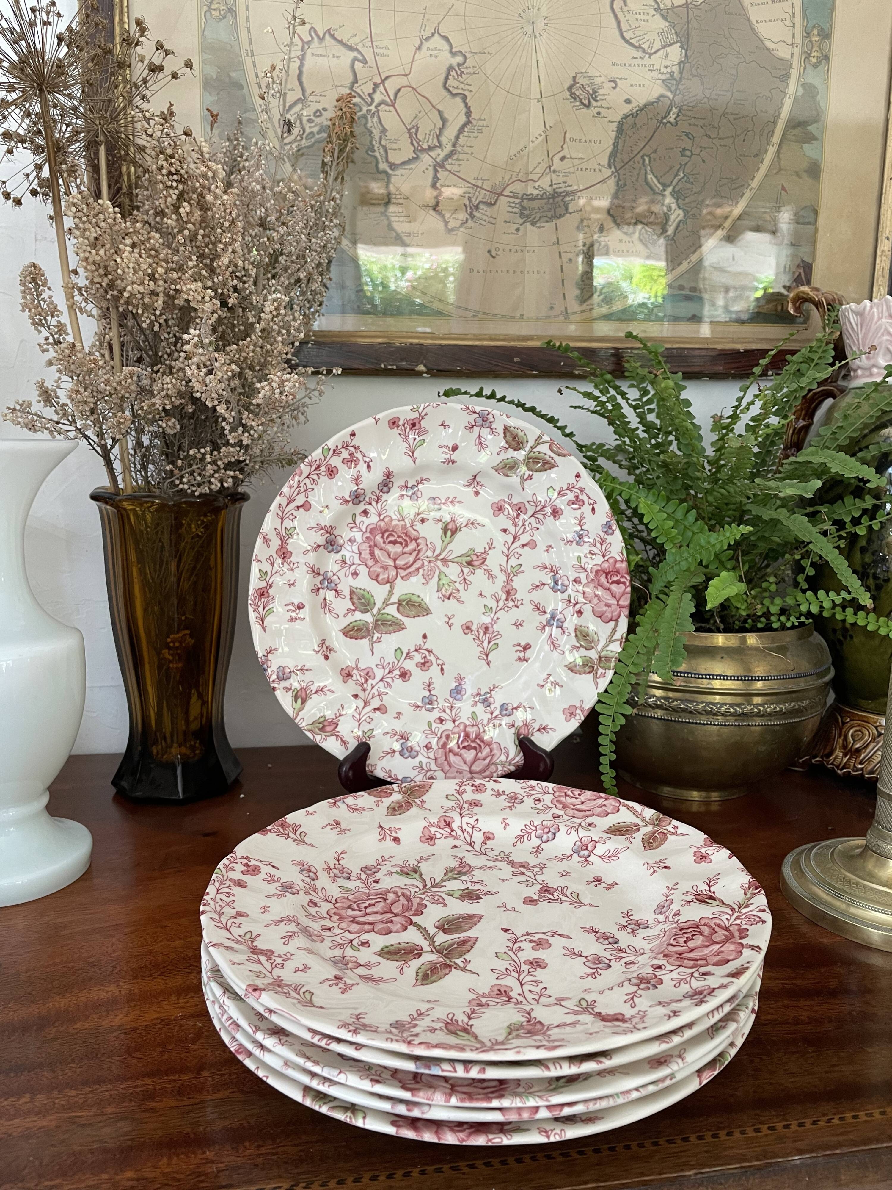 Set of 5 flat plates johnson brother pink chintz