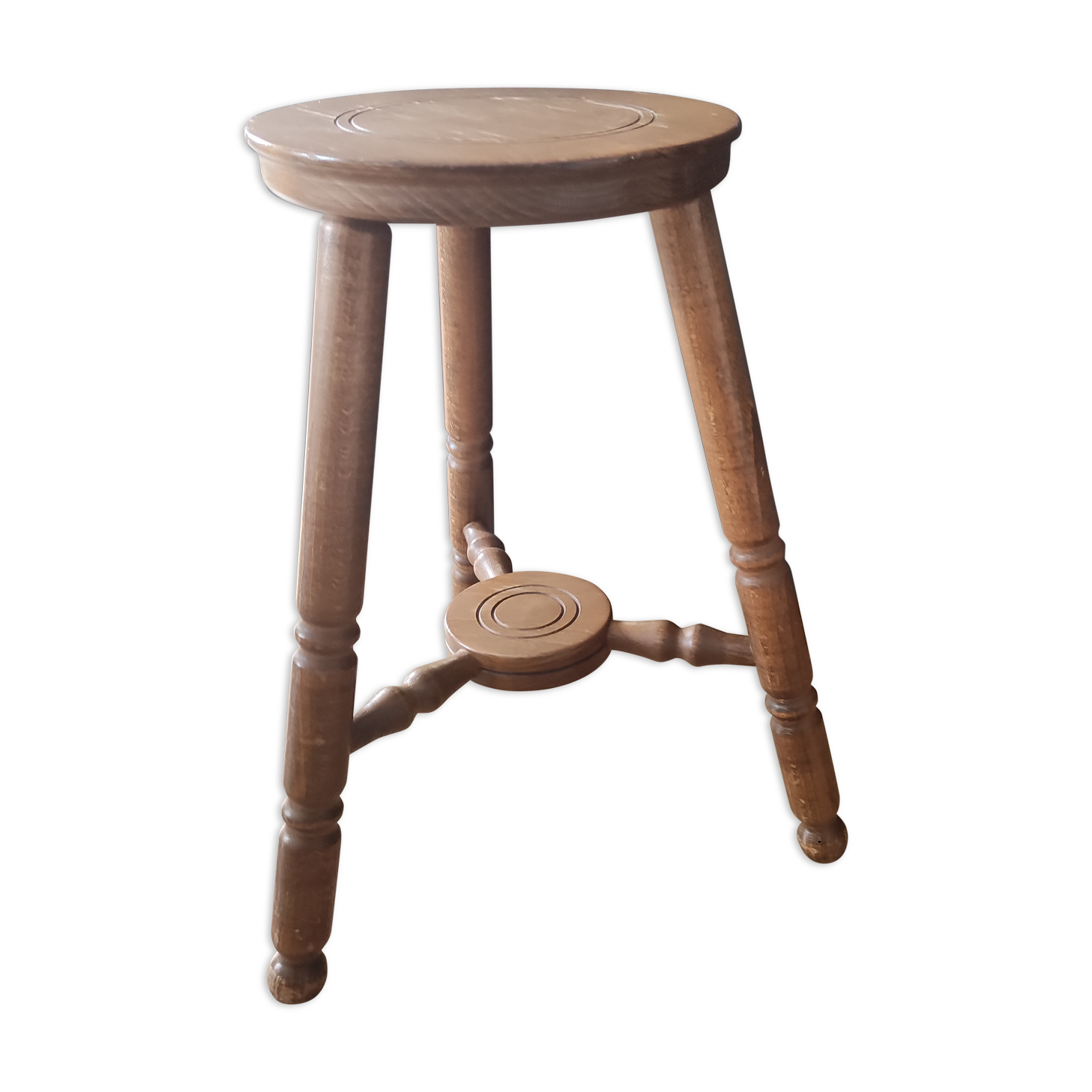 Tabouret tripode vintage en bois brun clair