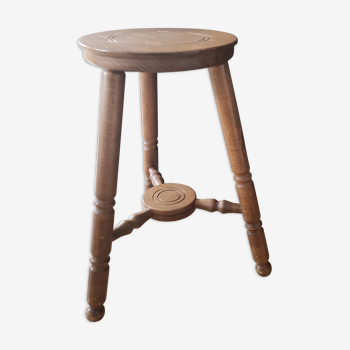 Tabouret tripode vintage en bois brun clair