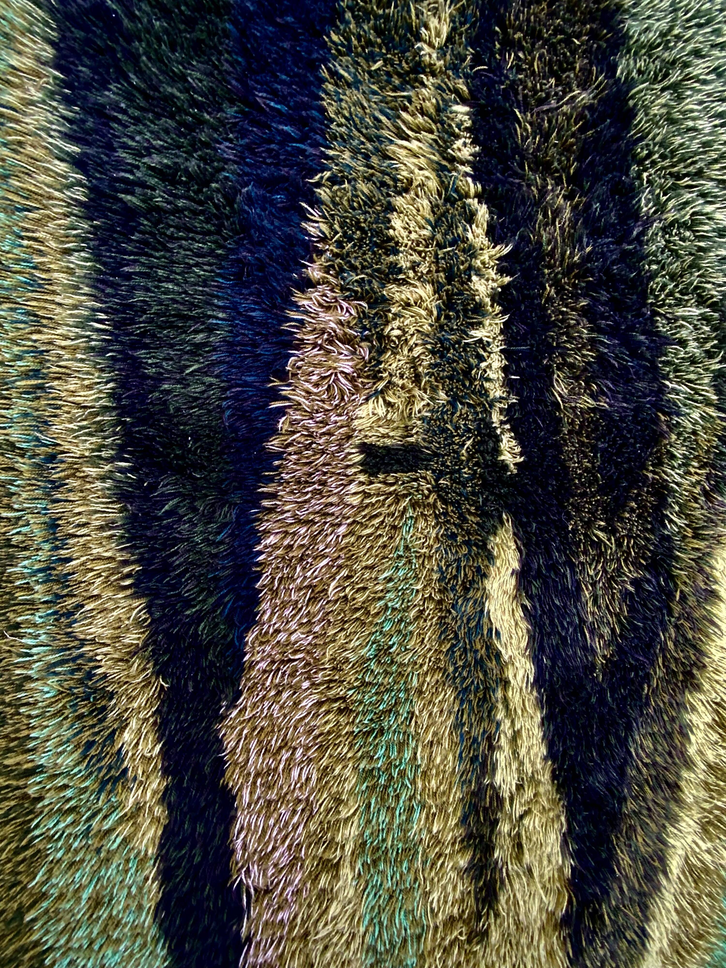 Green scandinavian modernist design wool rya rug woven handmade vintage 1960s