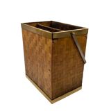 Hollywood regency brass and woven bamboo magazine rack, Metal Linea Nova Italy 1970