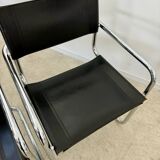 Lot of 4 tubular metal and black leather chairs MG5 Grassi style 70s