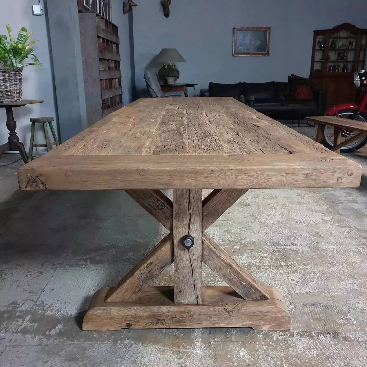 Antique solid oak table with farmhouse style star legs - length