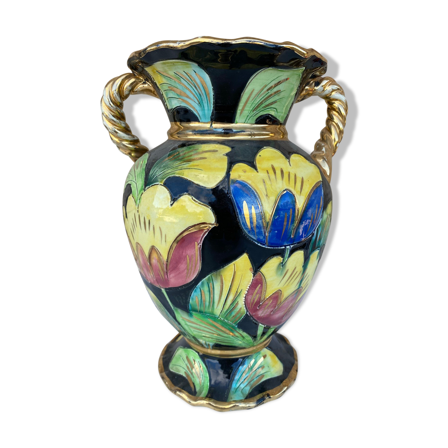 Vintage ceramic vase 1960 Vallauris flowers