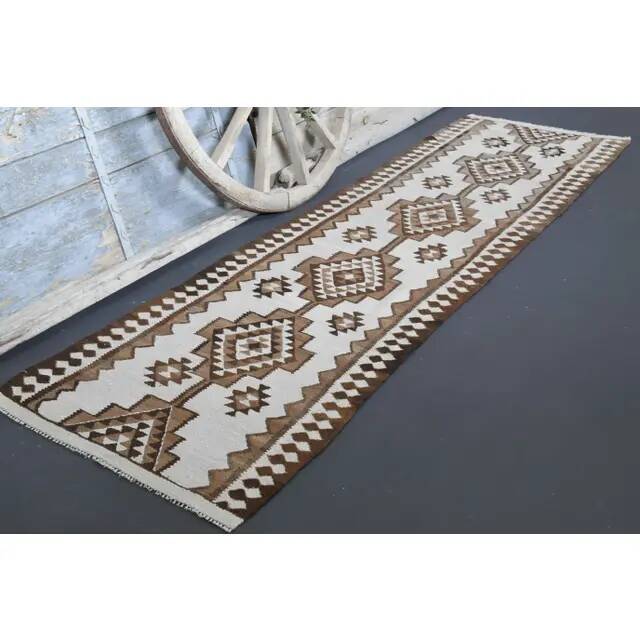 Tapis couloir vintage en laine et coton turc noué à la main blanc 90x307