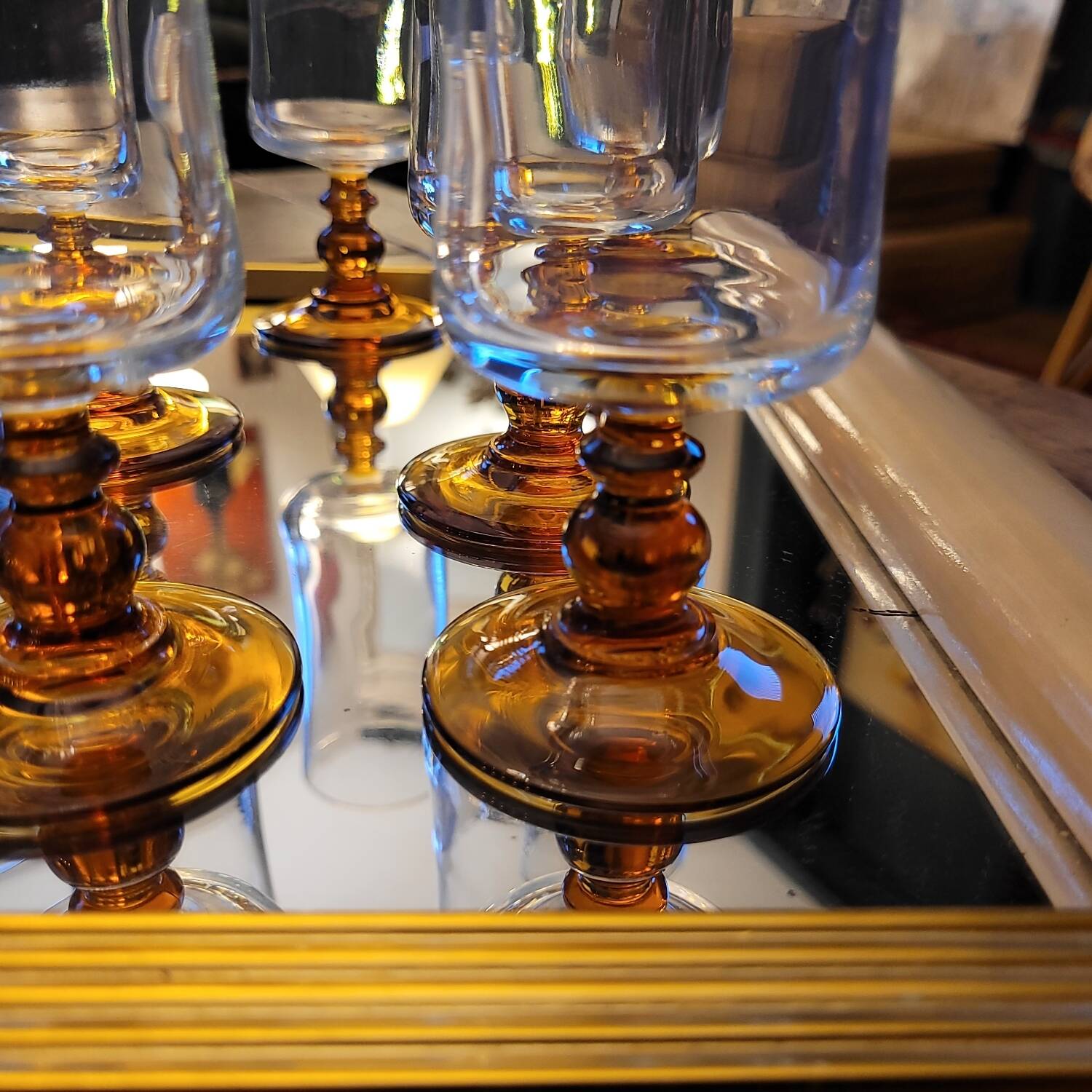 12 amber-stemmed flutes, 70s