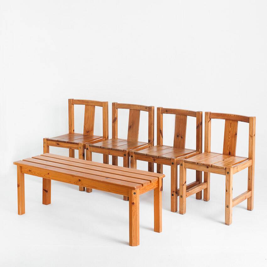 Set of four Scandinavian style chairs + bench. Pine wood. Produced by Sotka. Finland 70s