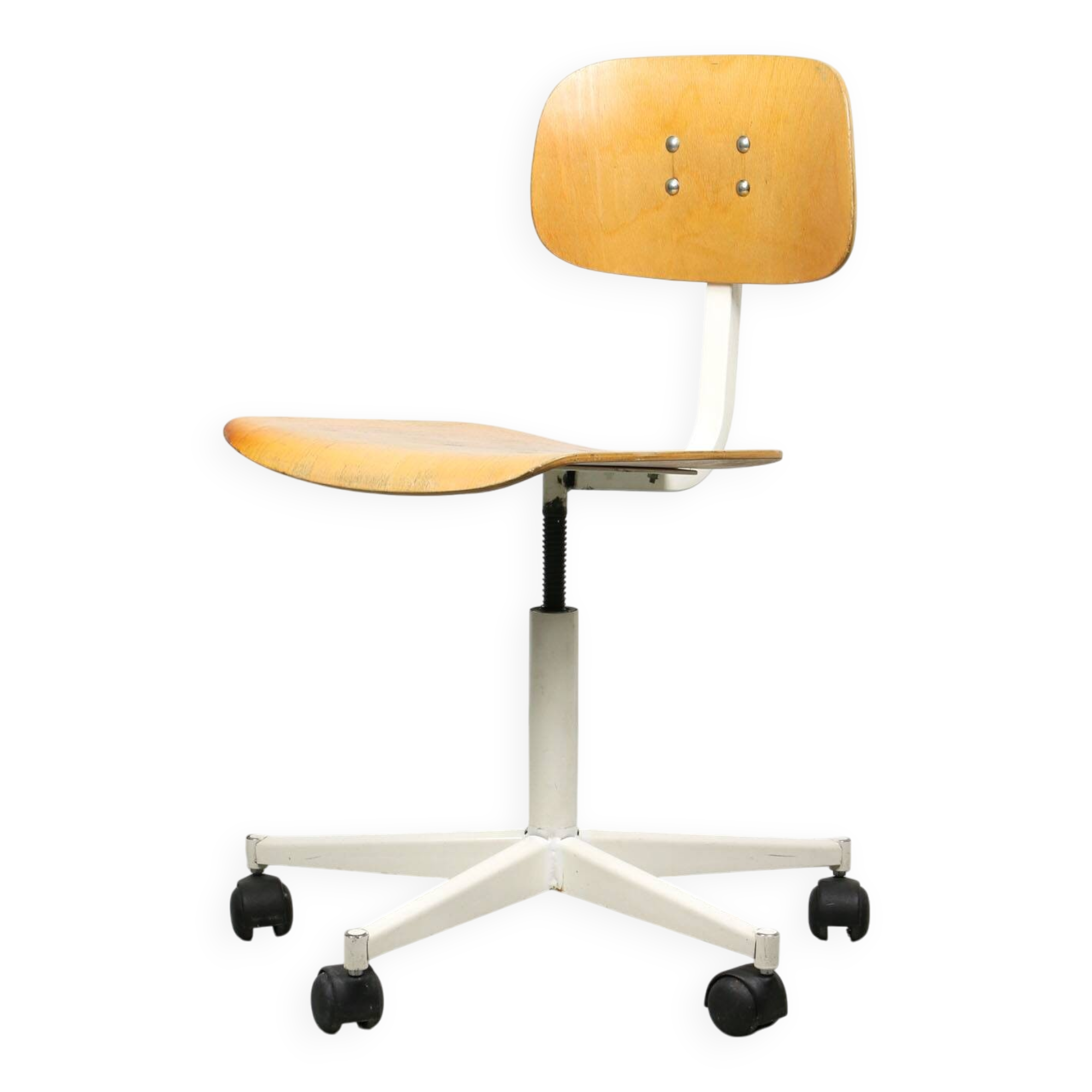 Vintage White & Wooden Swivel Office Chair, 70s