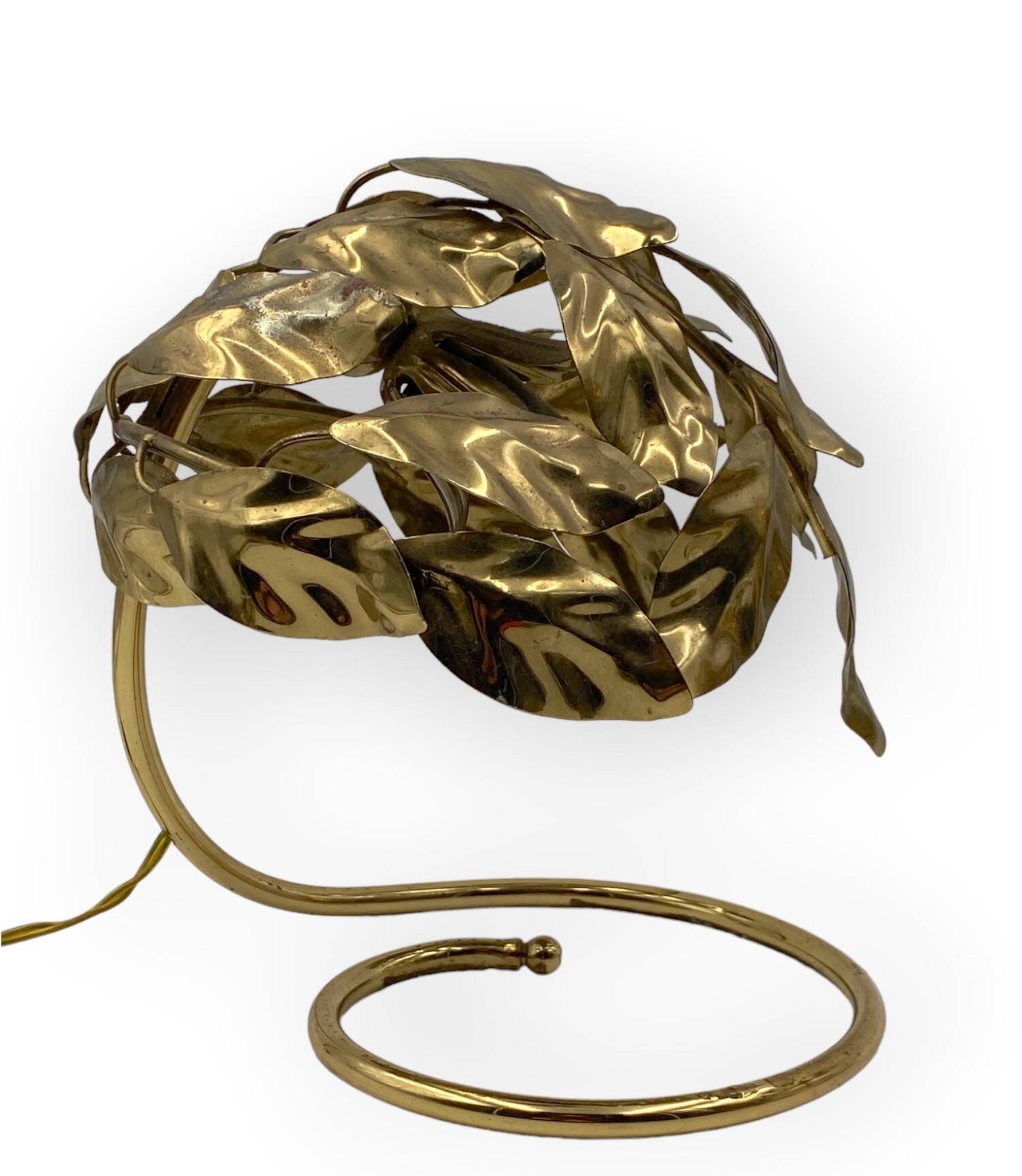 Hollywood regency set of 2 brass leaves table lamps, Bottega Gadda Italy, 1970s