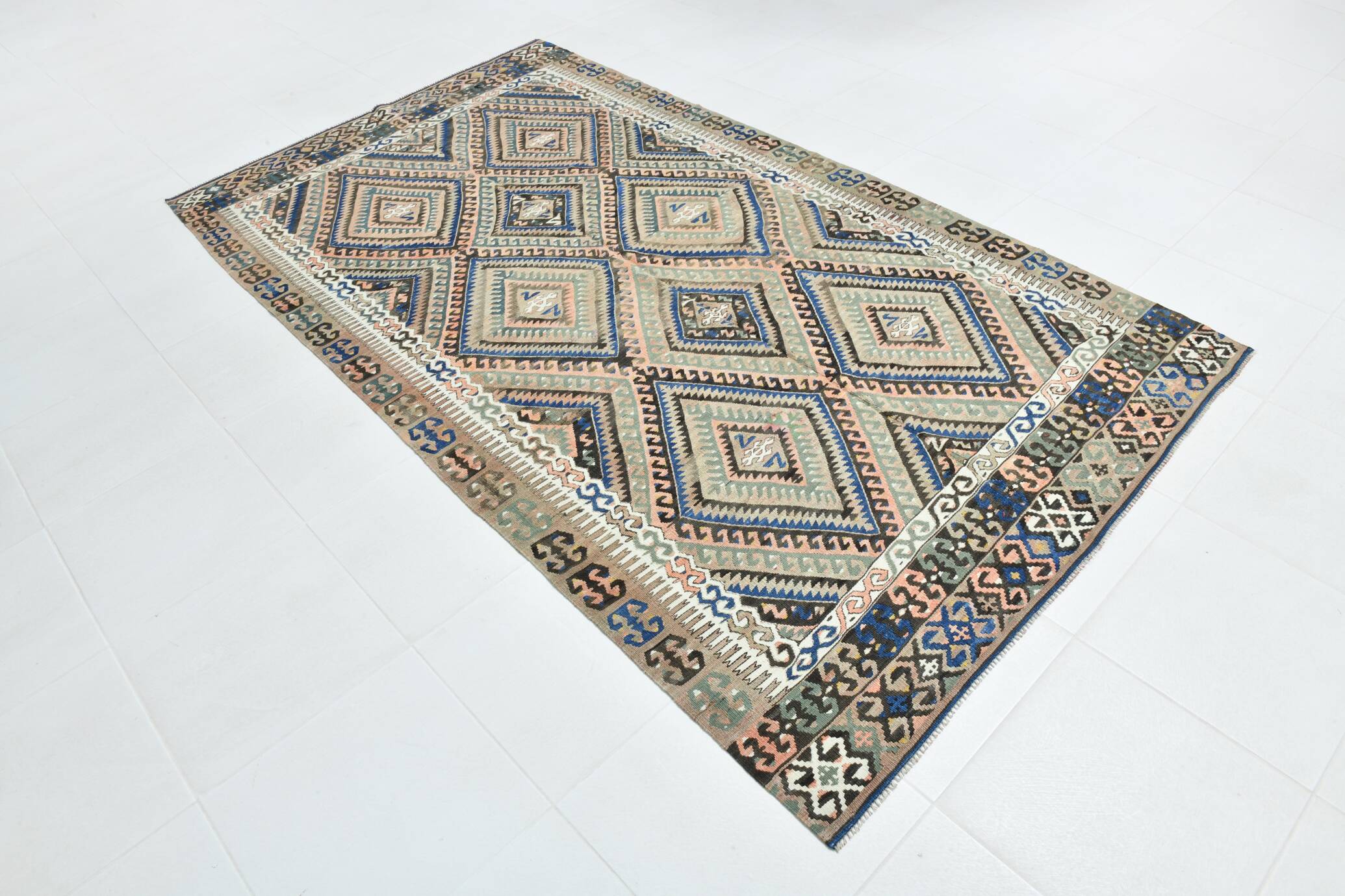 5x9 Kilim Anatolian Carpet, Handwoven Wool Rug, Blue Details Rug, 154x275Cm