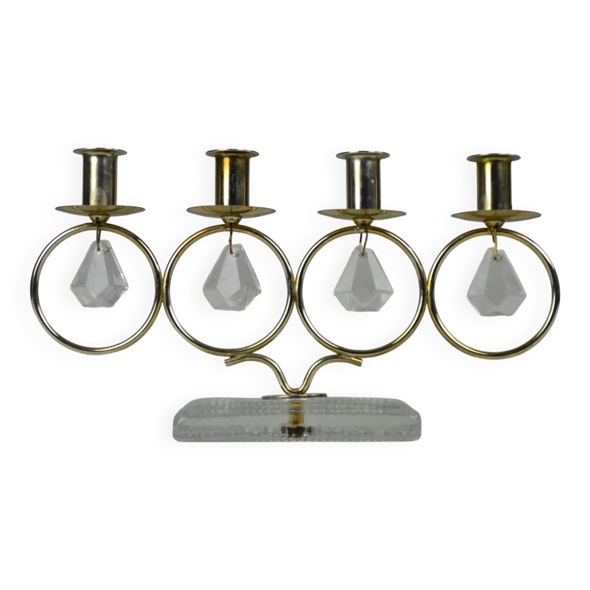 Brass Candelabra with Art Glass Base and Glass Prisms by Gunnar Ander for Ystad-Metall, Sweden, 1950s
