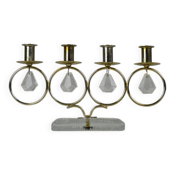 Brass Candelabra with Art Glass Base and Glass Prisms by Gunnar Ander for Ystad-Metall, Sweden, 1950s