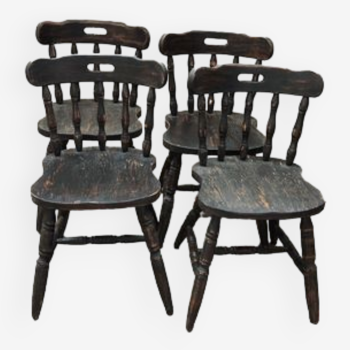 Series of 4 bistro western chairs solid wood black patina