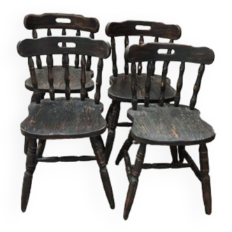 Series of 4 bistro western chairs solid wood black patina