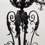 Imposing gothic lustre in wrought iron black laqué 185cm - 2 large candelabras