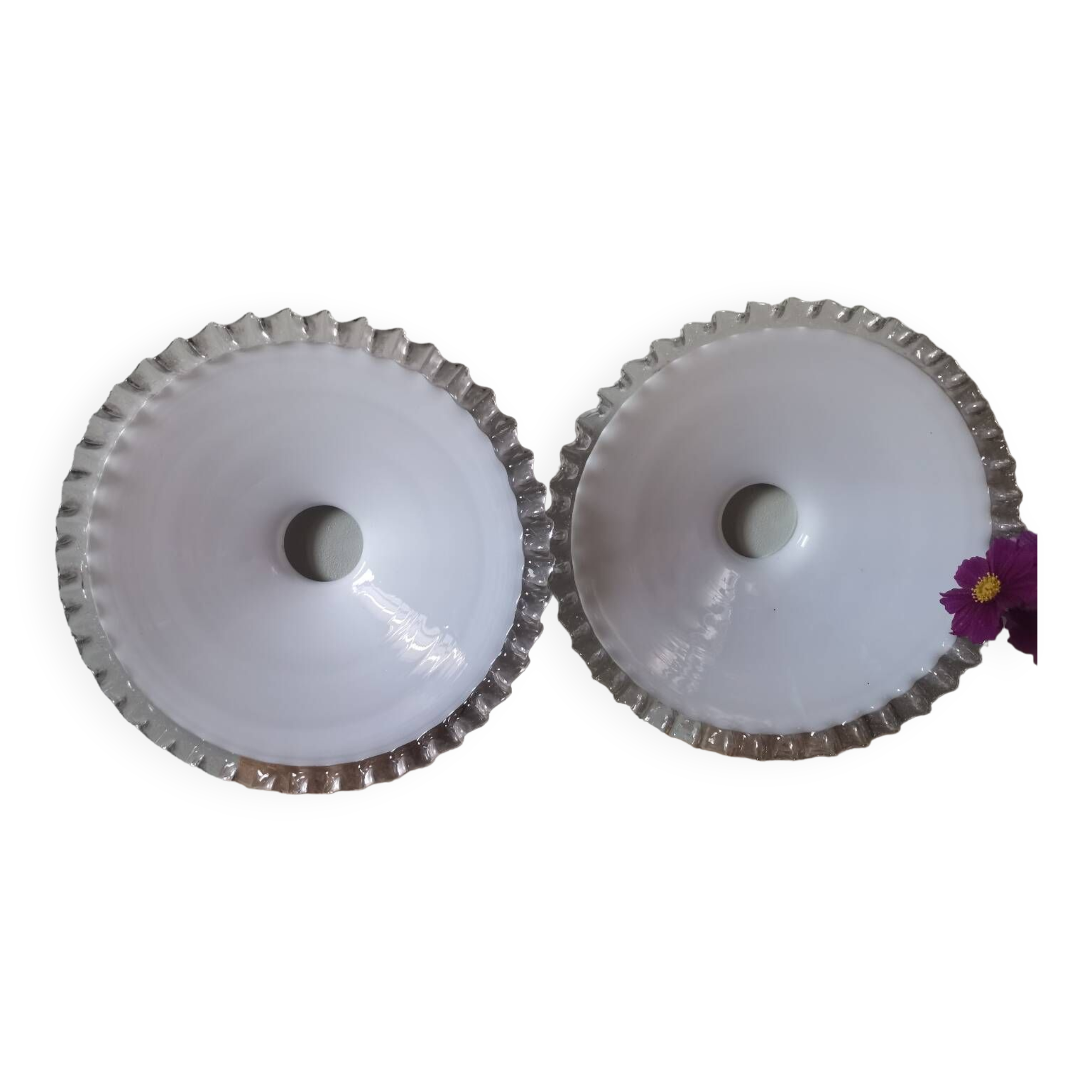 Set of 2 vintage pendant lampshades in wavy white opaline glass