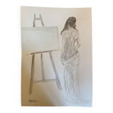 Tableau signé aquarelle portrait féminin « drapée dans l’atelier »