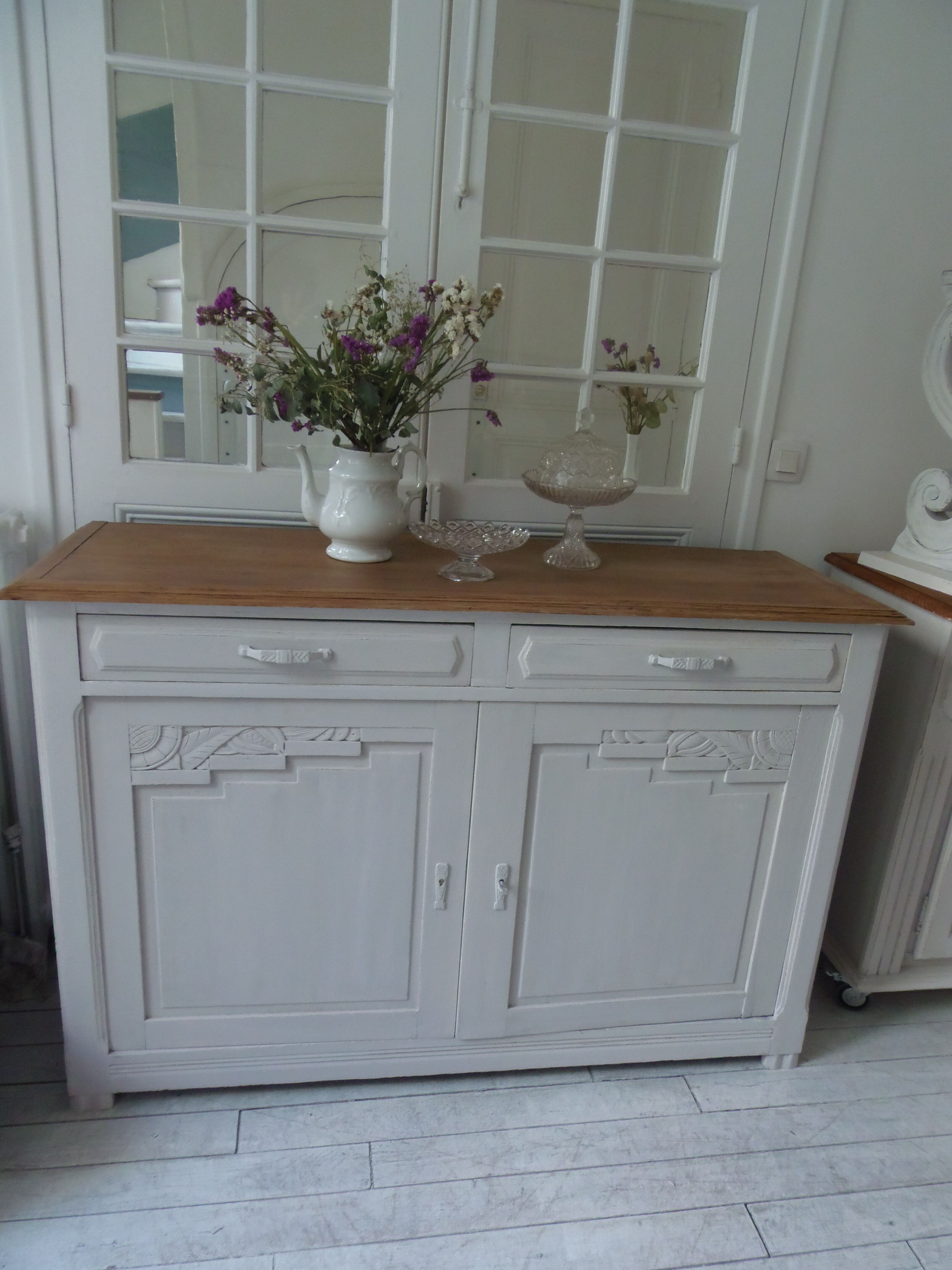 Art Deco sideboard patinated pearl gray, oak top.