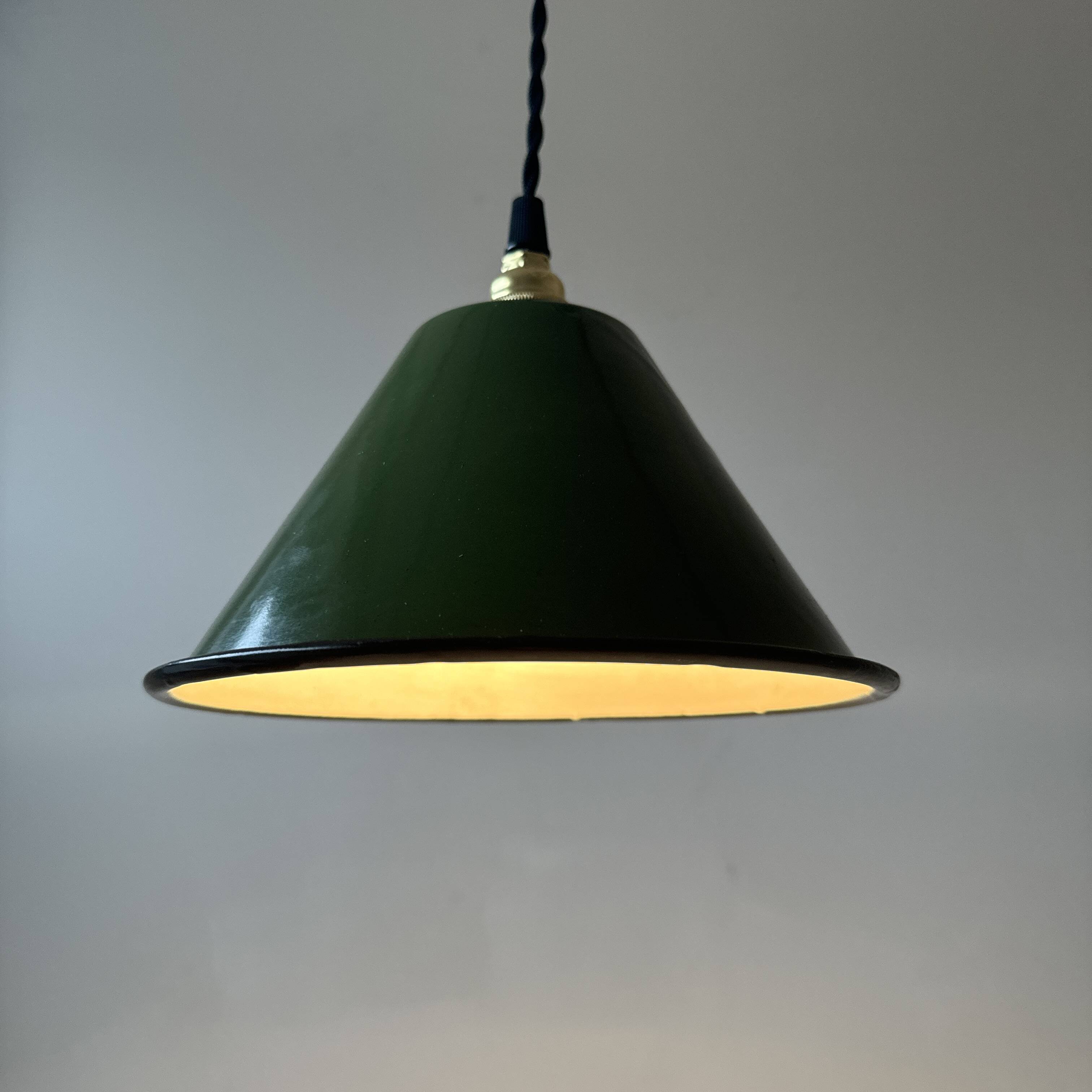 Set of 3 enamelled conical industrial pendants