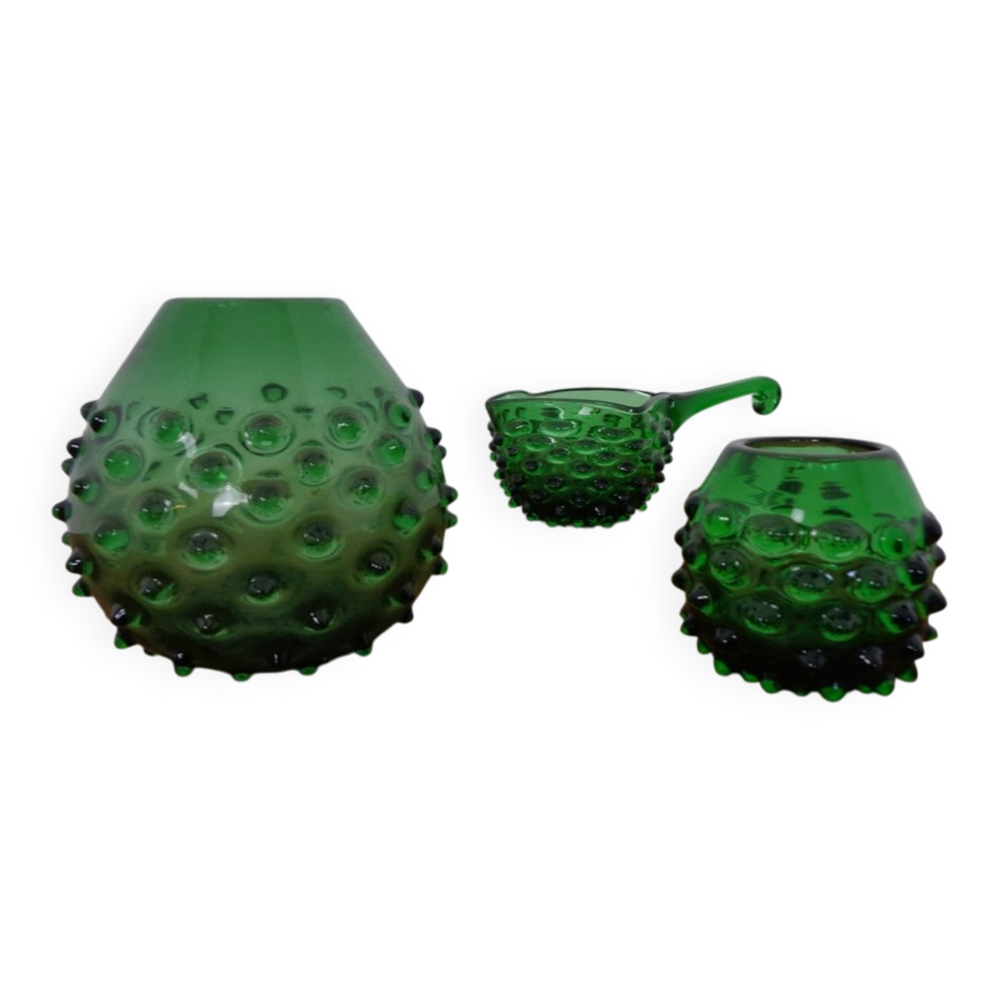 Italian green bubble glass vases and bowl by Empoli, set of 3, 1960s.