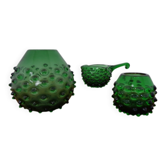 Italian green bubble glass vases and bowl by Empoli, set of 3, 1960s.